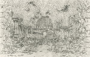 Ødeleggelse av bygningen, skisse av Jean Berain (1640-1711), for Armide, av Jean-Baptiste Lully (1632-1687), Frankrike