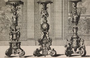 Store bronselysestaker, gravering av Jean Berain (1640-1711) fra L
