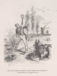 Mens de siste pulverkornene faller inn i håndflaten på den svarte hånden hans, en fantastisk hare... fr..., 1843.