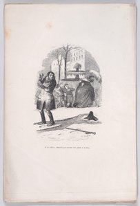 Han reiser seg, dekket fra topp til tå av snø. fra The Little Miserie of Human Life, 1843. av Jean Ignace Isidore Gérard