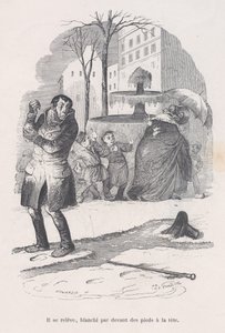 Han reiser seg, dekket fra topp til tå av snø. fra The Little Miserie of Human Life, 1843.