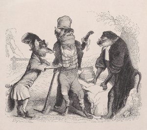 Ulven trygler mot reven, foran apen, ca. 1838.