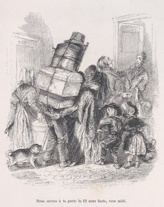 Vi står på døren ved middagstid uten feil. fra The Little Miserie of Human Life, 1843. av Jean Ignace Isidore Gérard