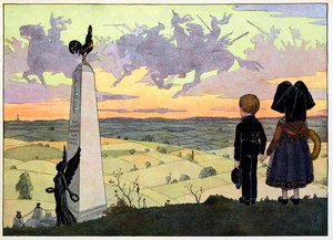 Landsbyen min, de som ikke glemmer: Slagmarken (Geisbergmonumentet med de to Spinnerbarna som poserer for Hansi); av Jean Jacques (1873 1951) Waltz