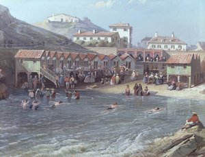 Begynnelsen av havsvømming i den gamle havnen i Biarritz, 1858 olje på lerret detalj av 175215 av Jean Jacques Alban de Lesgallery