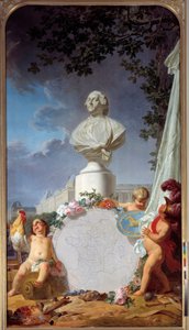 Det lærde Europa Allegorisk representasjon av Frankrikes herlighet, bysten av Ludvig XVI (1754-1793) dominerer et kart over franske eiendeler, en hane, engler og symboler for kunst og vitenskap. Maleri av Jean Jacques Bachelier (1724-1806) 1762 Versaille