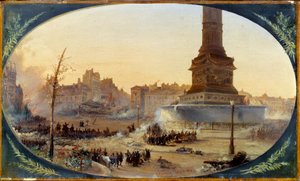 Revolusjon av 1848: "" Utsikt over Place de la Bastille og barrikaden ved inngangen til Faubourg Saint Antoine den 25/06/1848" Maleri på maruflepapir av Jean Jacques Champin (1796-1860) 1848 Søn. 0,28 x 0,43 m Paris, Musee Carnavalet