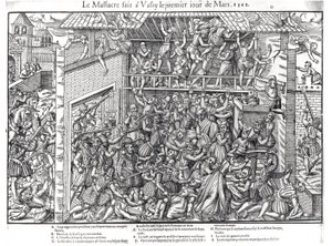 Massakren av den protestantiske befolkningen av troppene til Duc de Guise i Wassy-sur-Blaise, 1. mars 1562, gravert av Jacques Tortorel (1568-92) av Jean Jacques Perrissin