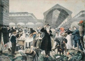 Suppestativ på Les Halles-markedet om morgenen, illustrasjon fra Le Petit Journal, 2. mars 1897, gravert av Fortune-Louis Meaulle (1844-1901) av Jean Jacques after Rousseau