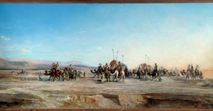 Ser etter en campingvogn med nomader og kameler i ørkenen. Maleri av Jean Joseph Bellel (1816-1898) Montpellier fra 1800-tallet, Musee Fabre - På utkikk etter en leir. Nomadekaravaner og kameler i ørkenen. Maleri av Jean Joseph Bellel (1816-1898) av Jean Joseph Bellel