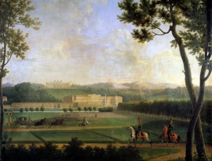 Utsikt over keiserpalasset i Schonbrunn, Wien Østerrike. Dette er sommerresidensen til Habsburgerne bygget på slutten av 1600-tallet av Johann Fischer von Erlach. Detalj av et maleri av Joseph Bidault (1758-1846) 1810 Paris, msuee Marmottan