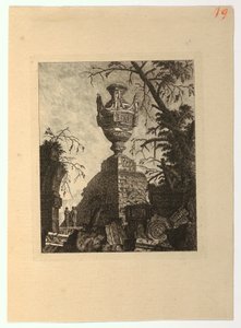 Pyramide overvunnet av en monumental vase, fra "Samling av forskjellige emner av vaser, graver, ruiner og fontener, nyttig for kunstnere ..."