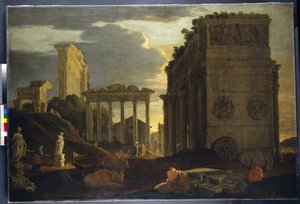 Capriccio-utsikt med figurer ved en triumfbue og templene til Saturn og Jupiter Tonans (olje på lerret)