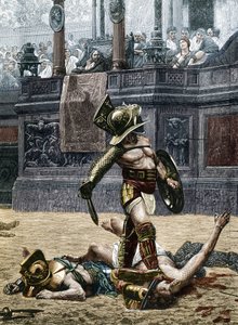Gladiatorer i den romerske arenaen. Tilskuere advarer vinneren om ikke å skåne motstanderen han slo, og drepe ham. Gravering etter en detalj av maleriet av Jean Leon (Jean-Leon) Gerome (1824-1904)