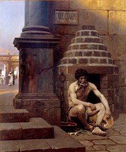 Cave canem Krigsfange i Roma, lenke som en hund på hjørnet av en gate "" Vokt dere for hunden""". Maleri av Jean Leon Gerome (1824-1904) 1800-tallets søn. 1,06x0,9 m Vesoul, museum Georges Garret - Cave Canem; En krigsfange i Roma, lenket som en av Jean Leon Gerome