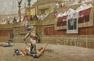 Gladiatorer i den romerske arenaen: tilskuere gir «tommelen ned» og signaliserer at vinneren ikke skal skåne motstanderen. Kromolitografi etter maleriet av JL Gerome. av Jean Leon Gerome
