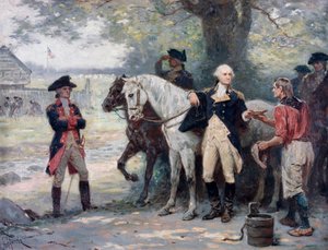 Den amerikanske revolusjonskrigen (1775–1783): George Washington (1732–1789) halvveis til Brook, nær den kontinentale hærens militærleir, en ung mann bringer ham noe å drikke - Maleri av Jean Leon Gerome Ferris (1863–1930) av Jean Leon Gerome