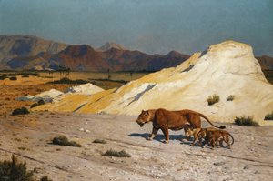 Løvinne og unger; Løvinne og løvinne, av Jean Leon Gerome