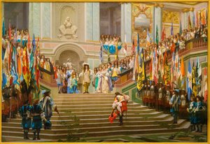 Mottak av Louis 2 de Bourbon Conde sa Grand Conde av kong Louis 14 a Versailles i 1674 av Jean Leon Gerome