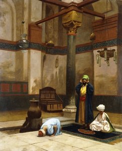 Tre personer ber i hjørnemoskeen; Tre skikkelser ber i et hjørne av en moske, av Jean Leon Gerome