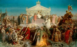 århundre i august: Vår Herre Jesu Kristi fødsel. Triumf av Augustus (Octavian eller Octavian, 63 BC-14 AD. JC), romersk keiser. Illustrasjon av verket «Histoire universelle 9eme epoque» av Jacques Benigne Bossuet (1627-1704). Maleri av Jean Leon Gerome av Jean Leon Gerome