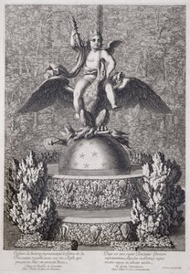 Fontener med et barn som representerer Genius of Royal Power av Pierre le Gros, i Versailles, 1677 av Jean Lepautre