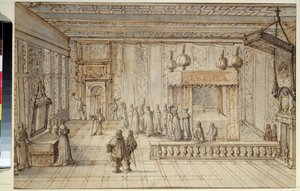 Soverommet til kong Louis XIV (1638-1715) i Versailles. Kammeret til kong Ludvig XIV i Versailles. Tegning av Jean Le Pautre (1618-1682)