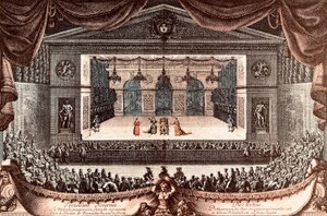 "Le malade imaginaire" (The Imaginary Invalid) av Jean Baptiste Poquelin dit Moliere i Versailles (farget gravering)