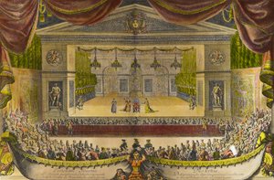 Representasjon av de imaginære syke i Versailles Representasjonen av stykket av Jean Baptiste Poquelin dit Moliere (1622-1673) foran grotten til Thetis (Thetys) i Versailles hager i nærvær av kong Ludvig XIV, plass i sentrum