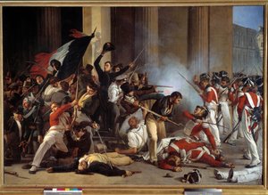 Revolusjon av 1830: "" Under de tre herlighetene, prize du louvre le 29/07/1830 et massacre des guards swiss"" Maleri av Jean Louis Bezard (1799-après 1861) 1830 Søn. 1,76 x 2,45 m Paris, musee Carnavalet - revolusjon av 1830: "" Taking av Louvre a