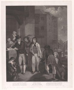 Gruppe med figurer foran et lager i en havn Industri og økonomi (tittel på objekt) av Jean Louis Darcis