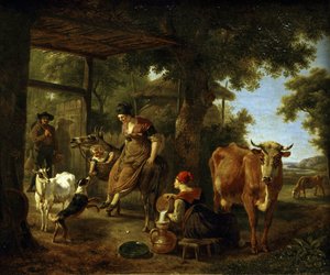 På gården. En scene fra livet på landet av Demarne, Jean-Louis (Jean Louis de Marne ou de Marnette) (ca. 1752-1829). Olje på lerret, andre halvdel av 1700-tallet, Statens A. Radishchev kunstmuseum, Saratov