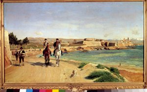 Antibes, rideturen. Kunstneren og hans sønn Charles (1848-1917), maler. Maleri av Ernest Meissonier (1815-1891) av Jean Louis Ernest Meissonier