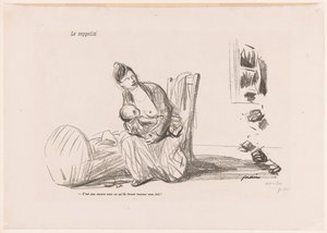 Kvinne ammer mens vinduene er knust Le zeppelin (tittel på objekt) av Jean Louis Forain