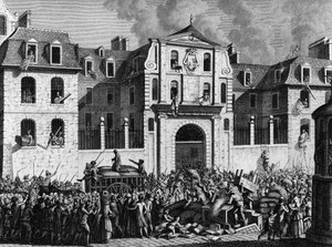 Fransk revolusjon: Plyndring av huset Saint Lazare i Paris mandag 13. juli 1789 av de revolusjonære. Gravering av Berthaut etter Prior. Paris, bibliotek ved Institutt for revolusjonshistorie