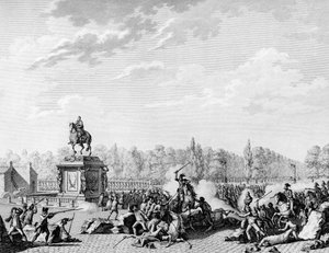 Fransk revolusjon: Louis XV-plassen, dragene til Charles Eugene de Lorraine, prins av Lambesc (1754-1825) lastet en kortege som bar bystene av Jacques Necker (1732-1804) og hertugen av Orleans 12. juli 1789. Gravering av Berthaut etter Prior. Paris,
