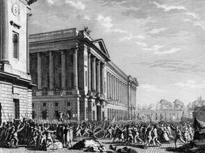 Den franske revolusjonen: Plyndringen av våpen ved møbelvakten (eller møbellageret nå Hotel de la Marine) 13. juli 1789, Place de la Concorde, Paris: folkemengden, bekymret for omringing av hovedstaden av utenlandske regimenter, grep våpnene av t