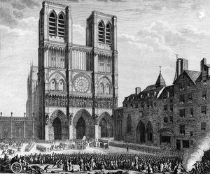 Fransk revolusjon: Thomas de Mahy, Marquis de Favras (1744-1790) gjør det godt igjen foran Notre Dame de Paris på øya la cite 19. februar