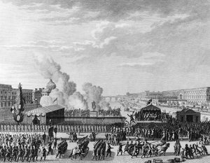 Den franske revolusjonen: Frivillige ved Pont Neuf i Paris, 22. juli av Jean Louis II (after) Prieur
