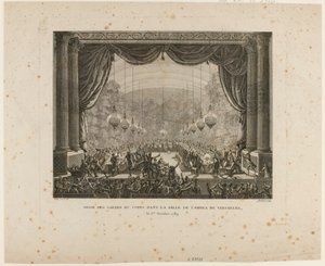 Fest for livvaktene, Flanderns regimenter, Montmorency-dragoner og nasjonalgarden i Versailles. Når de tråkker National Cockade, viser de den svarte kokarden, et tegn på quot;Aristokratiske konføderasjonenquot;