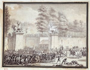 Fransk revolusjon: "" Monsieur de Lambesc går inn i Tuileriene med en avdeling fra det kongelige tyske regiment 12. juli 1789"" Tegning i blekk og vask av Jean-Louis Prieur (1759-1795)