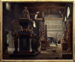 Introduksjonshallen til Musee des Monuments Francais ved klosteret Petites Augustins rue Bonaparte i Paris Maleri av Jean Lubin Vauzelle (1776-afr 1837) 1812 Søn. 0,6x0,75 m Paris, Musee Carnavalet.