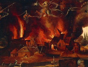 Fristelsen til St. Anthony, detalj som viser byen i flammer og demoner, av Jan Mandyn (1500-1560).