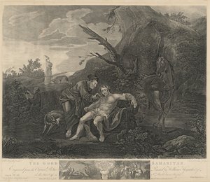 Den barmhjertige samaritan av Jean Marie Delatre and Simon Francois Ravenet I after William Hogarth