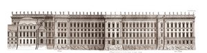 Louvre i Paris, prosjekt av Gian Lorenzo Bernini: forhøyning av hovedfasaden mot Seinen - Fra "" Architecture francoise"" av Jacques-Francois Blondel - elevation de la principale fasade cote Seine - prosjekt av Bernin - gravering av Jean Marot