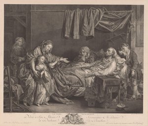 Familie rundt en syk seng La Dame Bienfaisante (tittel på objekt) av Jean Massard