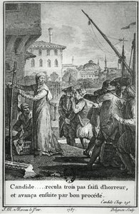 Candide... tok tre skritt tilbake grepet av gru, og deretter videreført med god prosess, illustrasjon fra kapittel 29 av Candide av Francois Voltaire (1694-1778) gravert av Jean Louis Delignon (1755-1804) 1787 av Jean Michel the Younger Moreau
