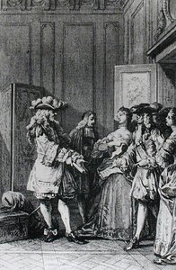 Illustrasjon fra LImpromptu de Versailles av Moliere (1622-73) gravert av D. Nee av Jean Michel the Younger Moreau