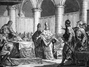 Etablering av kirkelig tiende av Pépin le Brief og Carloman (743). Gravering etter Moreau den unge graveringen fra 1700-tallet. Privat samling.