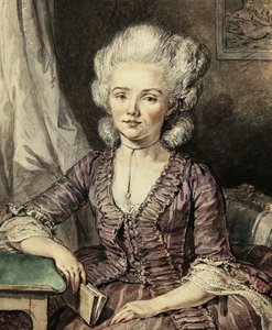 En ung dame som sitter ved et bord med en bok, 1785 av Jean Michel the Younger Moreau